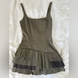 Stylish Olive Green Pleated Romper Skater Dress